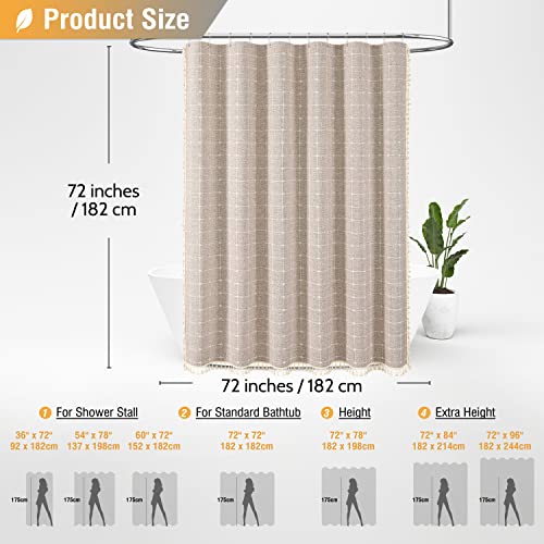 Bttn Boho Farmhouse Shower Curtain, Linen Rustic Heavy Duty Fabric Shower Curtain Set With Tassel, Water Repellent, Bohemian French Country Textured Thick Shower Curtain For Bathroom, Tan/Taupe, 72X72 #TOP6