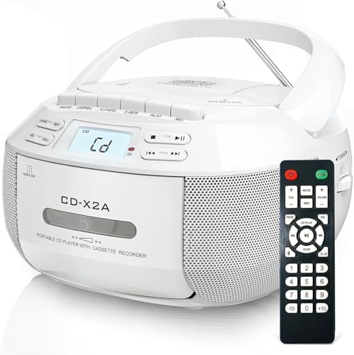 Lettore CD con radio, Bluetooth Boombox Cassette Combo, radio AM/FM, telecomando, doppio altoparlante suono stereo, lettore cassette, doppio alimentatore per casa e bambini
