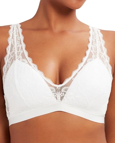 Uca Lingerie White Lace Bralette, Sexy Lace Bra With Deep V Neck, Everyday Comfort Padded Bras For Women No Underwire cover