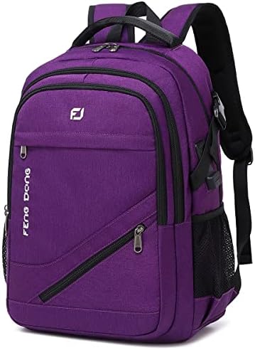 FENGDONG Durable Waterproof Travel Large Laptop Backpack 17.3 inch,College Backpack Bookbag for Men & Women Business Backpack with USB Charging Port and Headset Port Purple