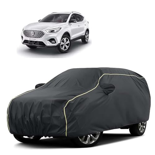 Image of Sulfar 100% Water Resistant Car Body Cover Compatible with Mirror for MG Astor (Triple Stitched, Full Bottom Elastic, Dark Grey Tafetta with Yellow Piping)