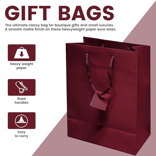 Novel Box Burgundy Gift Bags with Handles 10 Pack 8x4x10 Inches Large Paper Bulk Gift Bags for Business, Shopping, Birthday, Party Favor - Euro Tote Paper Bag for Groceries & Personal Use