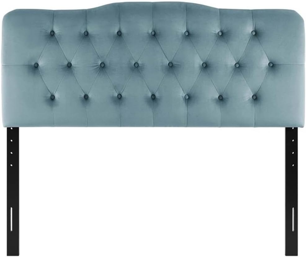 Pemberly Row King Diamond Tufted Performance Velvet Headboard, Light Blue, Height Adjustable 45-52.5 in, Stain-Resistant Upholstered Finish, Dense Foam Padding, Curved Silhouette for Master or Guest