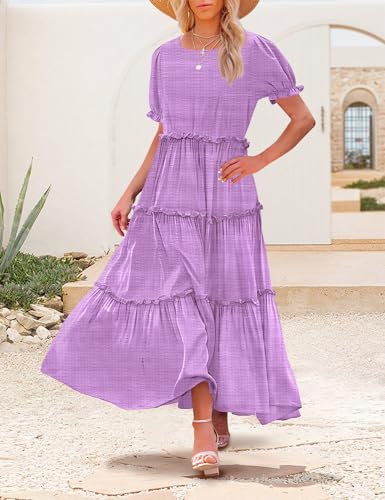 Image of YESNO Summer Casual Bohemian Floral Dresses for Women Puff Short Sleeve Long Maxi Dress with Pockets ETX