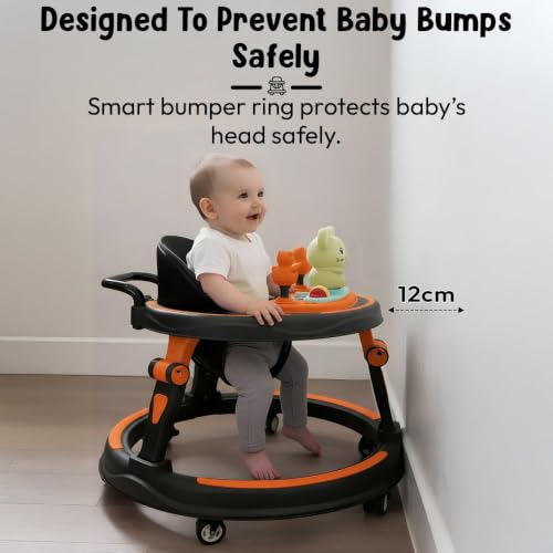 Image of StarAndDaisy Baby Walkers for 6-24 Month Baby boy 360 Walker for Kids for 6-24 Months with RGB Light, 7 Level Height Adjustment, Baby Walker with Switchable Food & Musical Toy Tray -Orange Black