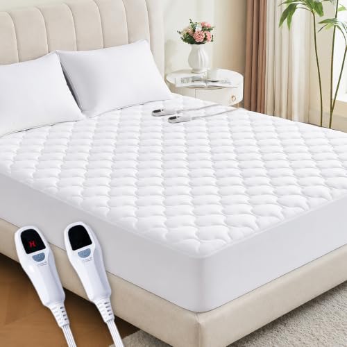 SurChic Queen Size Heated Mattress Pad with Dual Control - 10-Hour Auto Shut Off & 10 Heat Settings Electric Mattress Pad Cover - Bed Warmer with Deep Pocket, Fast Heating, Machine Washable, White
