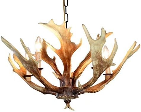 CHIRPSSTAG Vintage Style Resin Deer Horn Antler Chandeliers,5 Lights(Bulbs Not Included)