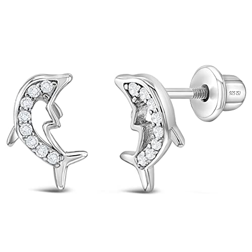 925 Sterling Silver Nautical Clear Cubic Zirconia Dolphin Screw Back Earrings for Little Girls, Pre-teens and Teens 9mm - Glittering Marine Life Jewelry for Young Girls