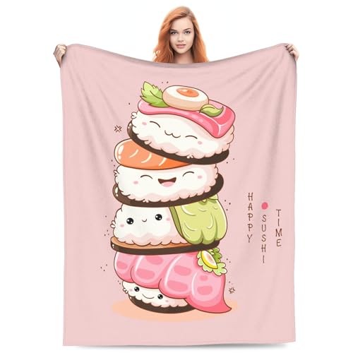 VODRM Cute Sushi Blanket Pink Japanese Food Kawaii Roll Smiling Faces Throw Blankets Gifts for Kids Adults Lightweight Soft Fleece Cozy for Sofa Couch Bed Room Birthday Decor 40x50in