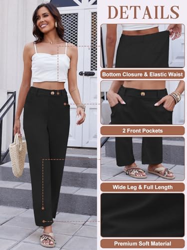 CheChury Womens Wide Leg Trousers Elasticated Waist Summer Trousers Button Up Straight Leg High Waist Linen Trousers with Pockets Business Casual Loose Pants Ladies Palazzo Trousers,Black,M - Image 2