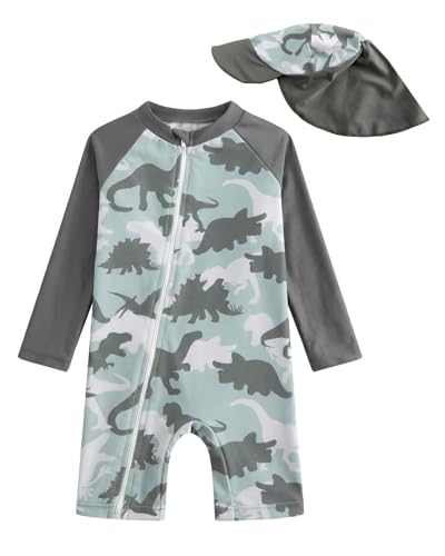 JiAmy Baby Boy Rash Guard Swimsuit, Long Sleeve One Piece Bathing Suit, Infant Toddler Swimwear with Sun Hat Green Dinasour 12-18 Months