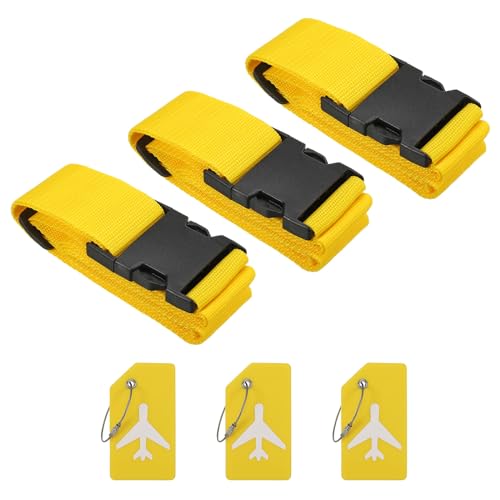 Image of PATIKIL Luggage Strap with Luggage Tag and Loop 78 inchx2 inch, 3 Set Adjustable Suitcase Belt for Travel Packing Bag Closure Identify, Yellow