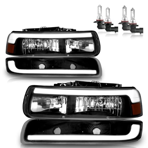 KarSpareHub LED DRL Headlights for 1999-2002 Chevy Silverado 1500 2500, for 2000-2006 Tahoe Suburban Headlamp Replacement Driver & Passenger Side with Halogen Bulbs