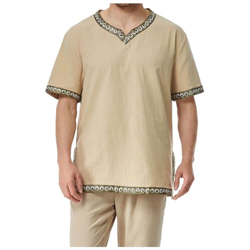 Men's Summer Medieval Retro Short Sleeve Shirt T-Shirt Plain Shirts Vintage Casual Top, khaki, M