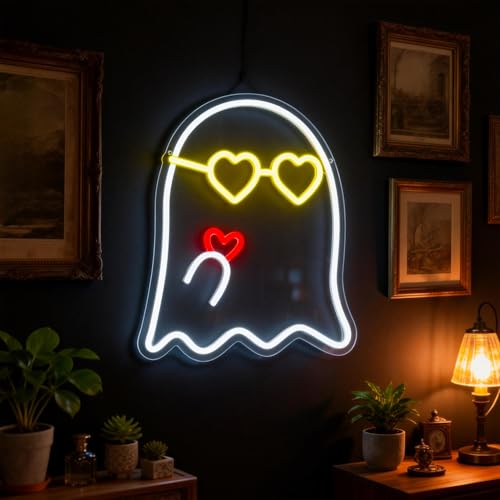 Image of White&Yellow Neon Sign Led Neon Lights Signs for Wall Decor USB Powered Led Signs for Room Decoration-Eyeglass Heart Ghost