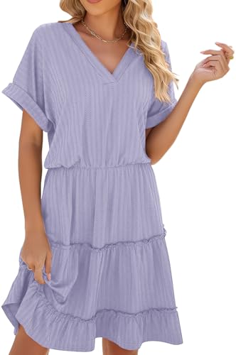 Image of PerZeal Women's Casual V Neck Short Sleeve Tiered Dress Ruffle Hem A-Line Flowy Swing Midi Dresses