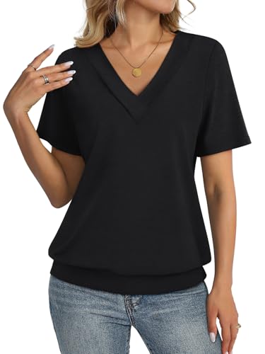 TCITICMISS Womens Short Sleeve Tops Banded Bottom V Neck Summer T Shirt Casual Basic Tees Trendy Tops Summer Clothes Black