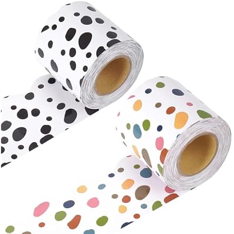 WEDTYGH 2 Set Painted Dot Bulletin Board Borders,100ft Back to School Classroom Decoration Borders Painted Dots Scalloped Border Trim(2 Colors) Cover