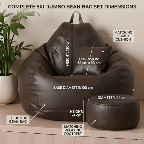 Image of KAM'S LIEU Bean Bag Chair with Footrest & Cushion | Pre-Filled Beans | PVC Leatherette Lounger Sofa | Indoor & Outdoor Bean Bag | 6 Months Warranty Size & Color- (Brown, XXXXXL, Premium)