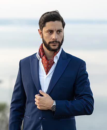 Remo Sartori Made In Italy Men's Gold Pattern Self Cravat Ascot Day Tie, Silk (Red) #TOP3