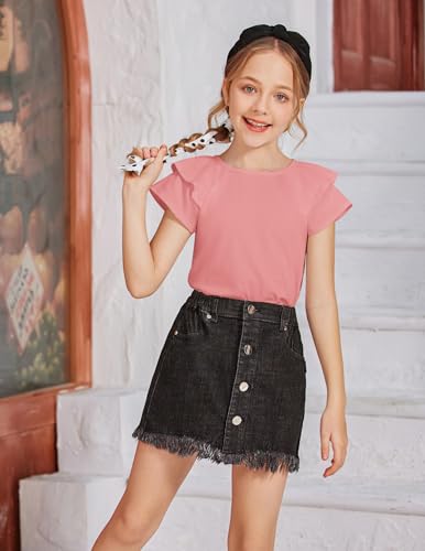 Image of Girls T Shirts Ruffle Short Sleeve Round Neck Loose Blouse Summer Solid Color Casual Girl Tee Tops for 3-12 Years