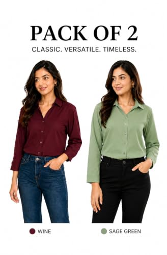 Image of FUNDAY FASHION Women Solid Regular Fit V Collered Casual Shirt (Pack of 2)