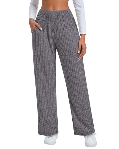 Neer Calça de moletom feminina de cintura alta, pernas largas, malha canelada, folgada, confortável,