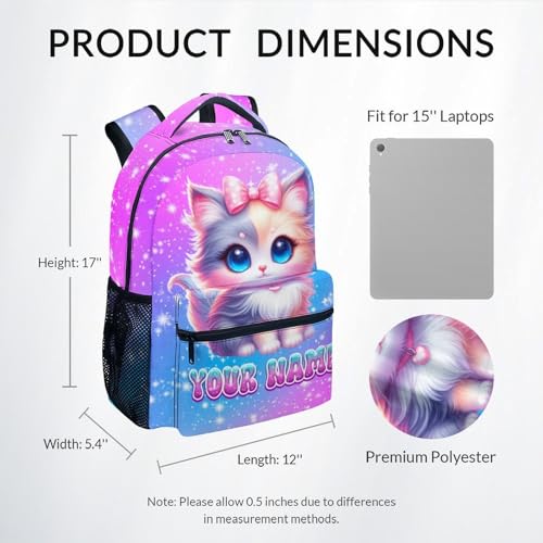 Personalized Backpack for Girls - Cat Backpacks for Kids Ages 6-8, 17 Inch Custom Toddler School Bookbag with Name3