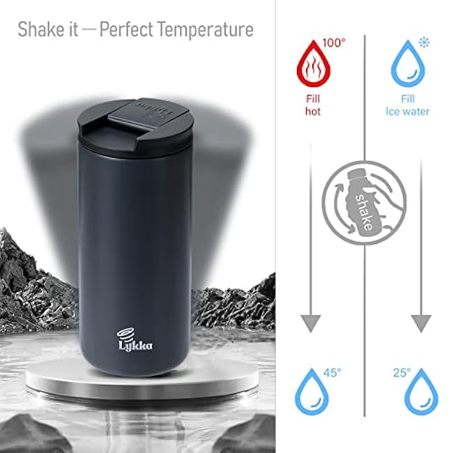 Lykka 14oz Travel Tumbler: Shake-to-Heat & Cool, Hand Warmer, Spill-Proof Lid, Stainless Steel Insulation (Dark Night Grey)