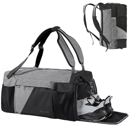 Kookoomia Gym Bag for Men with Shoes Compartment and Wet Pocket Convertible Duffle Bag and Gym Backpack Waterproof Sports Bag with 2 Bottle Holders Weekender Overnight Bag - Black&Grey