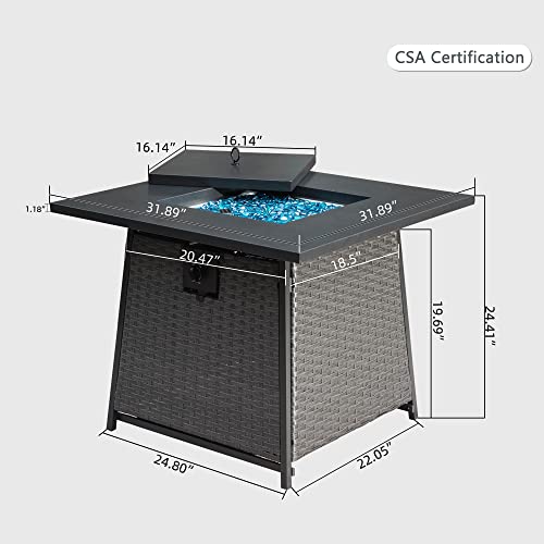 Domi 32In Propane Fire Pit, 50,000 Btu Gas Fire Pit Table With Lid, Glass Rocks, Etl Certification, Classic Firepit With Rattan Wicker Base And Wood Look Tabletop #TOP6