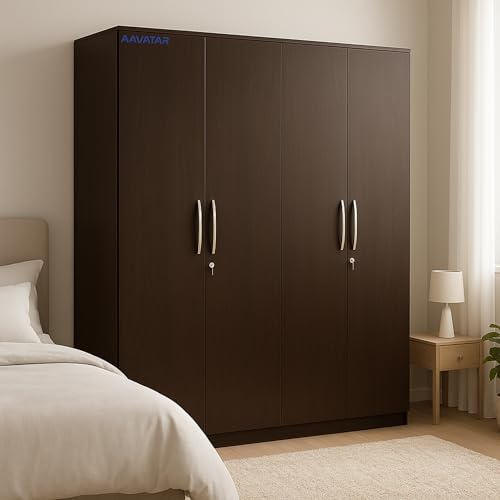 Image of AAVATAR 4 Door Wooden Wardrobe with Drawers & Hanging Rod | Wenge Engineered Wood Cupboard for Bedroom | Almirah with Lockable Doors, Spacious Shelves Storage | H78 x W64 x D19 Inch