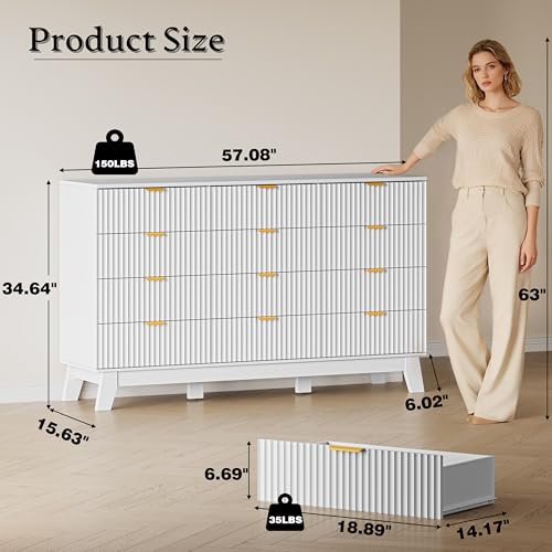 Image of BORNOON 57 inch Wide Dresser for Bedroom, 12-Drawer Fluted Dresser with Metal Handles, Wood Chest of Drawers with Smooth Slides and Stable Base, Modern Storage Cabinet for Living Room, Nursery