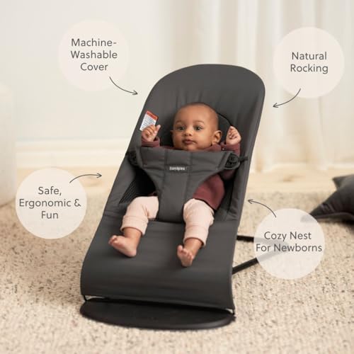 Image of BabyBjorn Bouncer Balance Soft, Dark Gray, Woven /Jersey, Tri-Fabric | 2-in-1 Adjustable Baby Bouncer Seat and Toddler Chair, Newborn to Toddler (8-29 lbs), 4 Positions, Lightweight & Portable