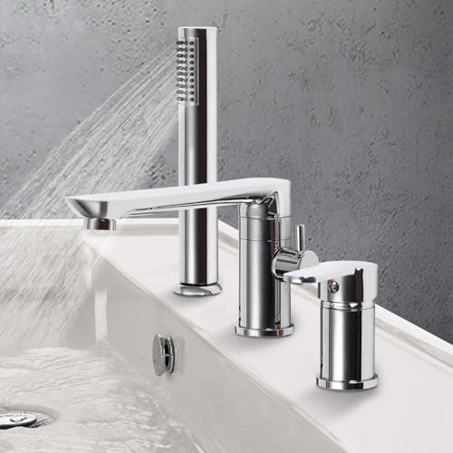 Loobiiny 3-Loch Einhand-Wannenkombination 3 Loch Wannenrandarmatur Badewannenmischer Wannenarmatur chrom mit Ausziehbarem Handbrause