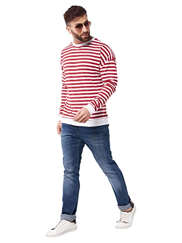 Image of GRITSTONES Men OversizedRound Neck Stripe Drop Shoulder Cotton T-Shirt