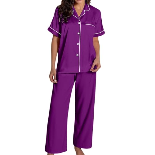 Conjunto genérico de pijama para mujer, 2 unidades, manga corta y pantalones para todas las estaciones, ropa de dormir pantalones largos estilo clásico, morado, L
