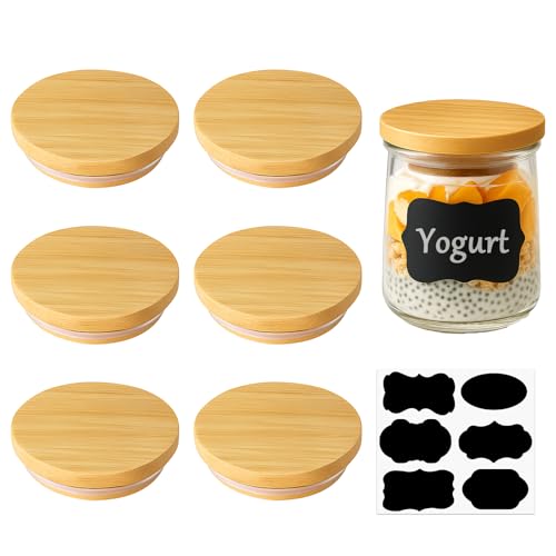 6 Pack Oui Yogurt Jar Lids, Natural Bamboo Wooden Oui Lids for 5 oz Oui Yogurt Glass Jars, Reusable Canning Lids with Silicone Sealing Rings and Label (Jars Not Included)