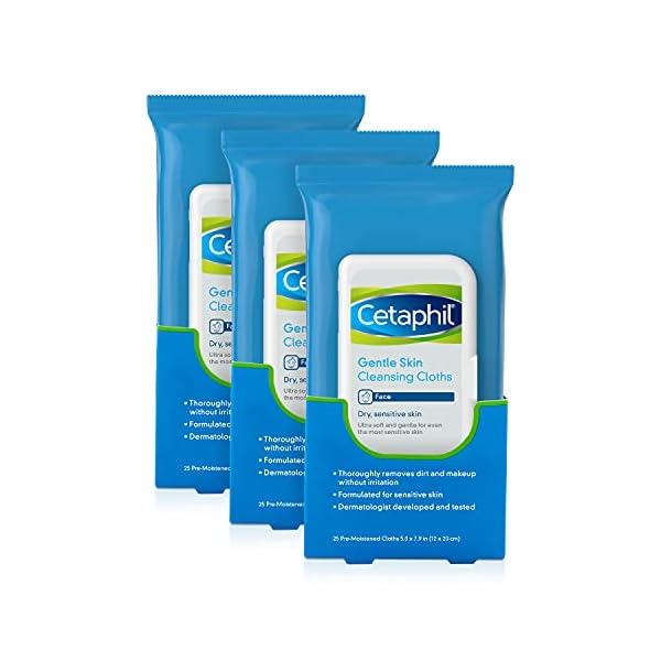 Cetaphil Face and Body Wipes, Gentle Skin Cleansing Cloths, 25 Count, Pack of 3, for Dry, Sensitive Skin, Flip Top Closure, Great for the Gym,Travel, in the Car, Hypoallergenic, Fragrance Free