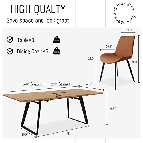 Zckycine Modern Mid-Century Dining Table Dining Table And Chairs For 6 Rectangular Wooden Dining Table Expandable Dining Table Space-Saving Multifunctional Dining Table (Table+6 Brown Chairs) #TOP4