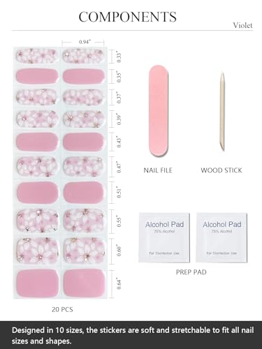 AutyaMee Semi Cured Gel Nail Strips (Violet), Pink Flower, 20 Pcs Gel Nail Wraps, Stickers, Salon Quality, Long Lasting, Works with Any UV Lamps
