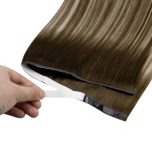 Image of LaaVoo Weft Tape Extensions Ombre Light Brown to Blonde Invisible Tape in Weft Hair Extensions Human Hair 50G Tape in Hair Extensions Balayage Brown Seamless 50G 22inch