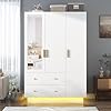 3 Doors Armoire Wardrobe Closet with Mirror LED Armoire with Doors and Drawers Wooden Armoire Storage Cabinet with Hanging Rod Adjustable Shelves White