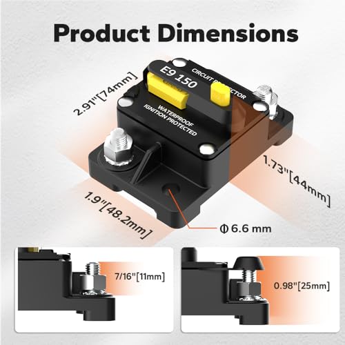 Image of LiTime 150A Circuit Breaker 12V-48V DC, M6 (1 /4 inch) Post Size, Surface Mount