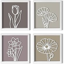 Pigort Wooden Floral Farmhouse Wall Decor Set of 4 White Framed Wall Art, 12x12 Inches, Premium Boho Botanical Decor for Living Room, Bedroom, or Office B