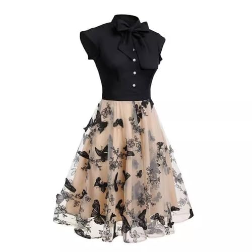 AlkYutd Womens Retro 1950s Cocktail Dress Bow Tie Neck A Line Butterfly Embroidery Midi Dress-Black-M