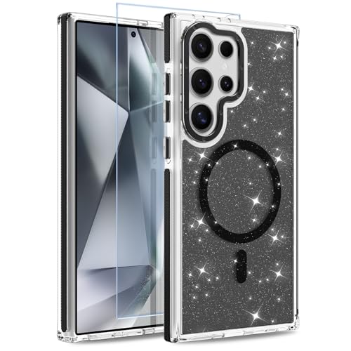Image of Magnetic Case for Samsung Galaxy S24 Ultra [Compatible with Magsafe] [Bling Glitter Fluorescent Design] [1 Screen Protector] Slim Translucent Matte Case for Galaxy S24 Ultra 6.8 inch, Black