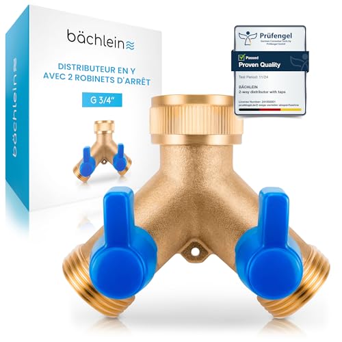 Bächlein Distributeur en Y en Laiton avec 2 Robinets d'Arrêt à Boisseau Sphérique Séparés pour une Utilisation en Intérieur & Extérieur - Distributeur en Y à 2 Voies pour un Raccordement d'Eau G 3/4 