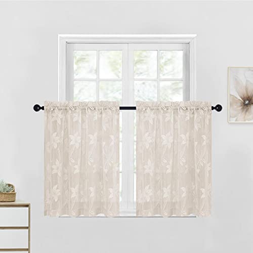 DWCN Floral Lace Short Curtains - Beige Rod Pocket Window Voile Sheer Drapes for Kitchen Living Room Bathroom Small Window 42 x 36 inch, 2 Panels, Lace Beige