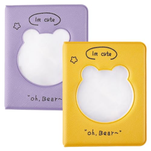 BEAMARKER 2 miniálbum de Fotos, Carpeta de Tarjetas Hueca de 3 Pulgada con Forma de Oso, Portafotos, Pequeño Y Bonito Libro con 32 Bolsillos para Coleccionar Y Organizar Fotos., Amarillo Y Morado
